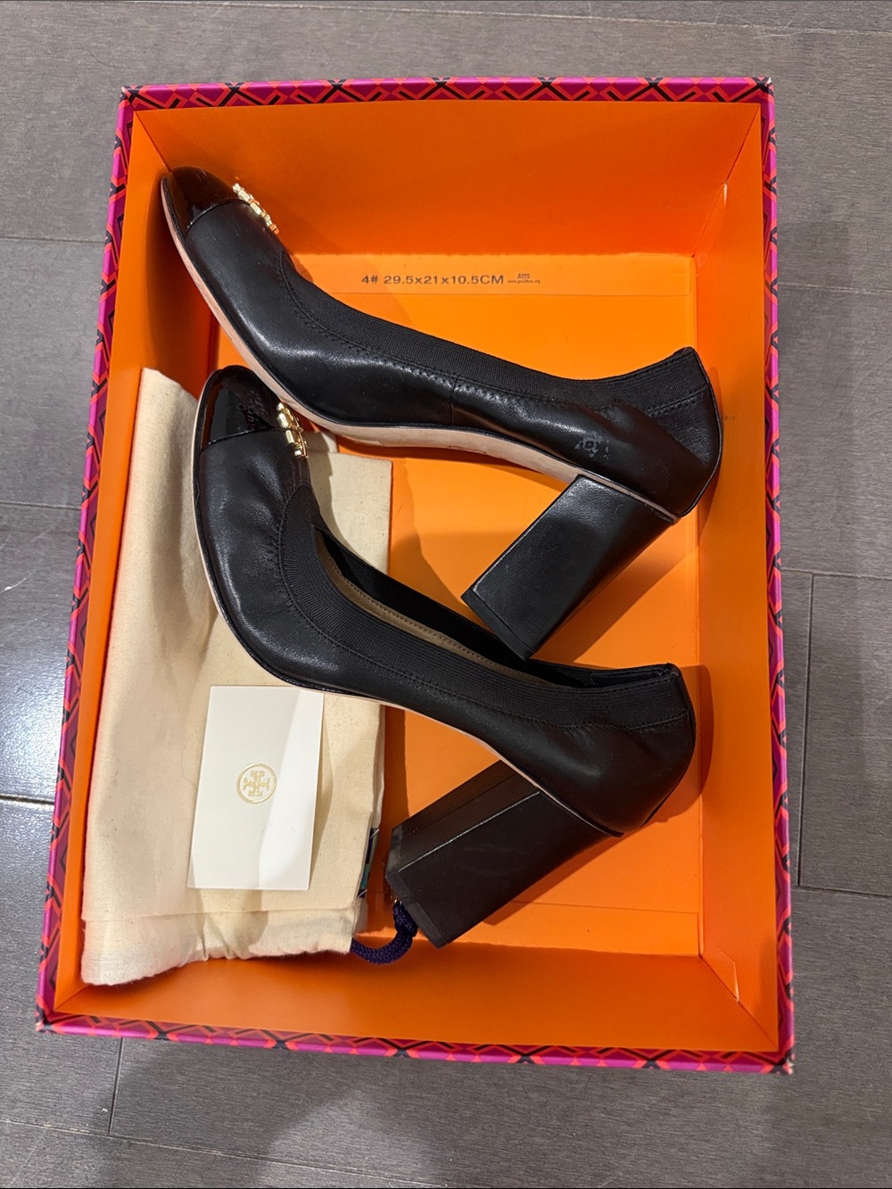 EUC Sz 6.5 worn once Tory Burch Black Leather Block Heel Pumps with Gold Accent